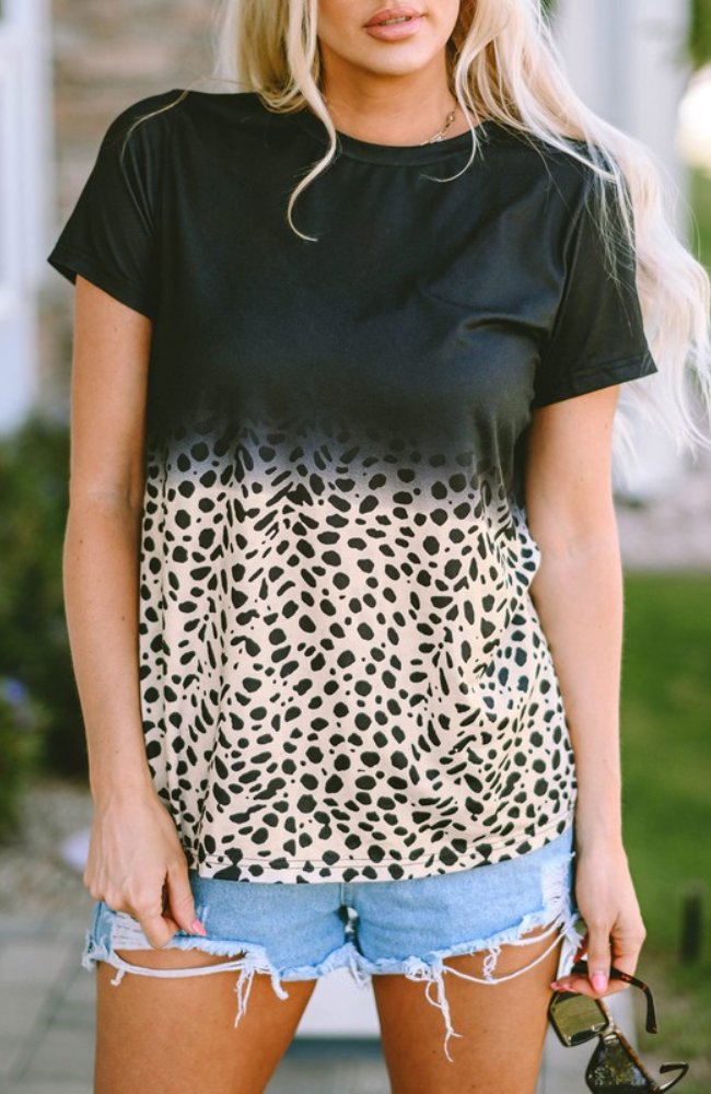 Black Ombre & Leopard Print T-Shirt