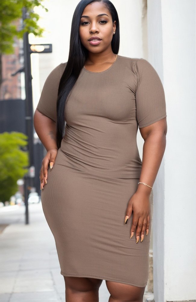 Plus Ribbed Bodycon Taupe Dress