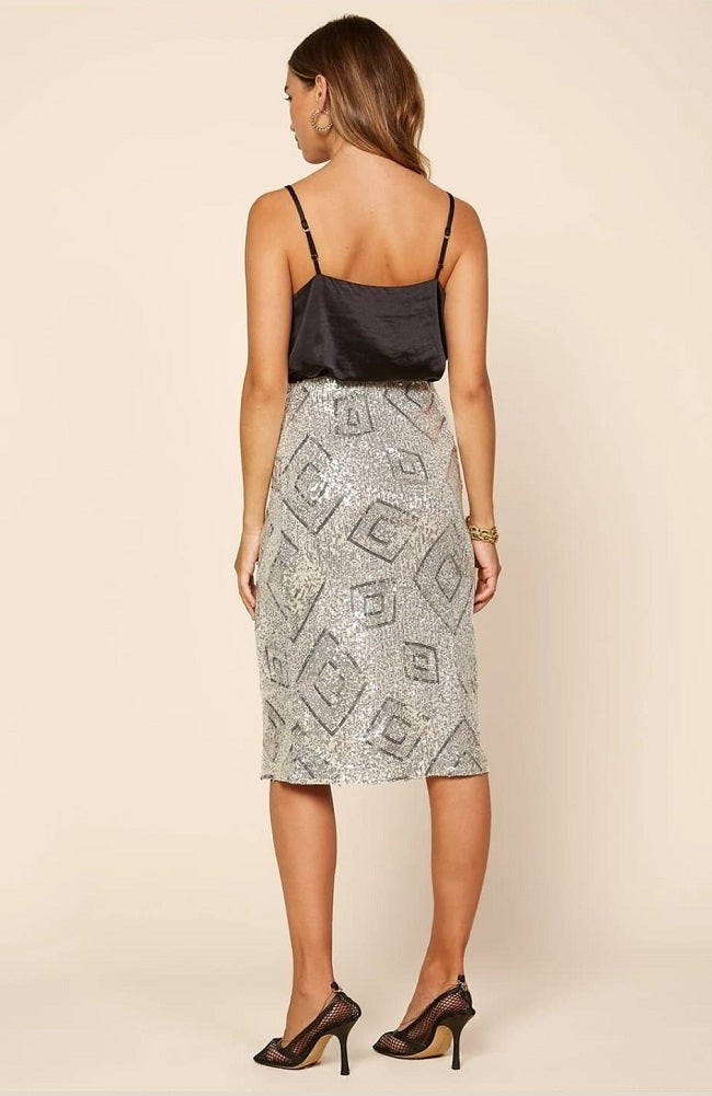 Champagne-Silver Sequin Below The Knee Skirt