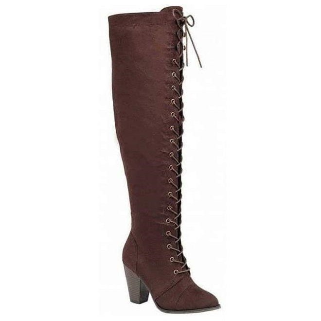 Brown Thigh Length Lace Up Boots