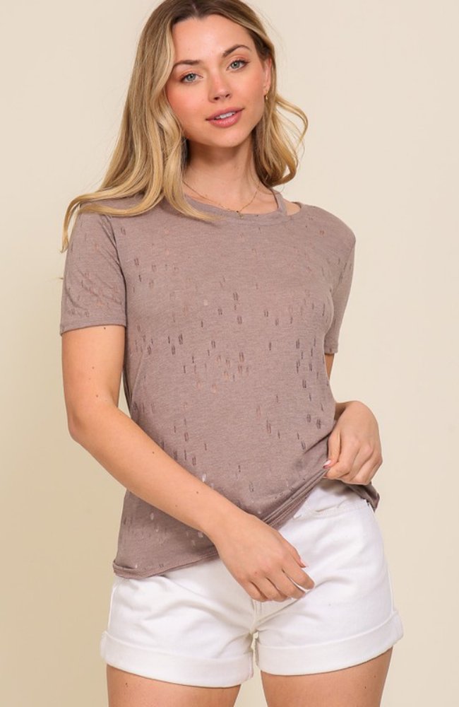 Distressed Cut-Out Short Sleeve Top