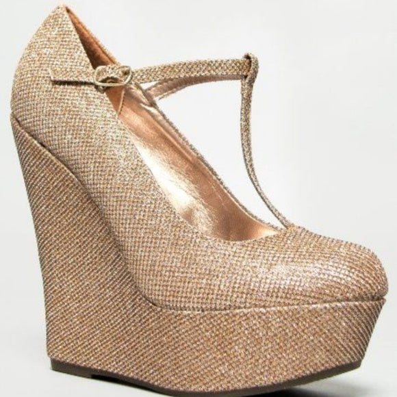 Champagne T-strap Wedges